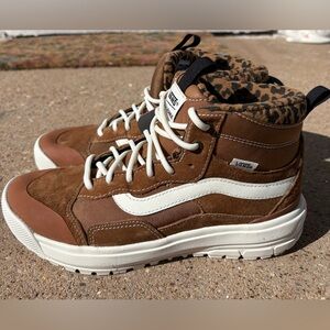 Vans Brown High-Top Sneakers with White Side Stripe and Leopard Collar